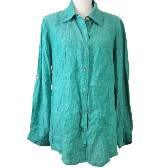 COLDWATER CREEK Green 100% Linen Snap-Front Roll-Sleeve Shirt Women's 1X - Picture 4 of 7